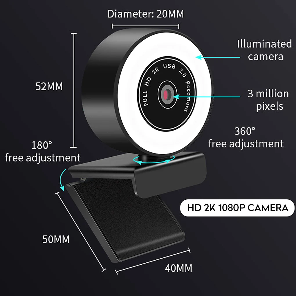 

Web Camera USB LED Computer Camera Adjustable White 5500K Video Webcam with Microphone 2K