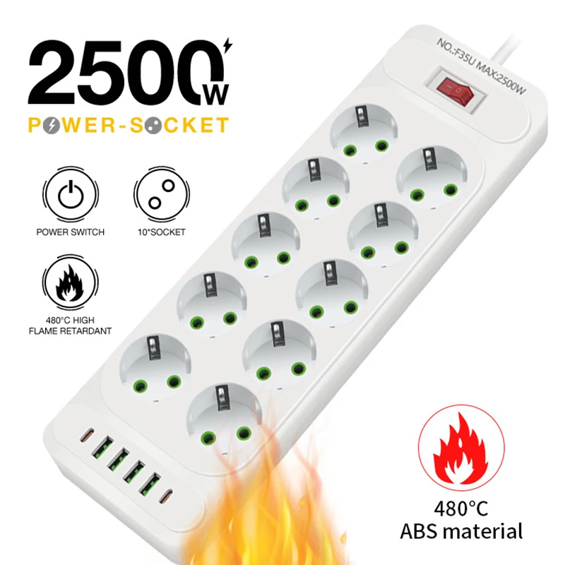 Power Strip EU Plug AC Outlet Multitap Extension Cord Electrical Socket 4 USB Ports Fast Charge Network Filter