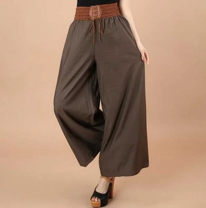 Summer Comfort Loose Casual Wide Leg Pants with Free Belt Women Mid-Waist Ankle-Length Pants Home Indoor Sport Leisure Trousers