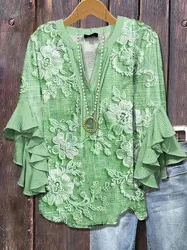 Fashion Women's All Over Print Ruffle Sleeve Shirt Lightweight Soft Loose Fit Blouse For Vacation 1