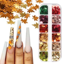 

12 Grids/Set Holographic Maple Leaf Sequins Nail Glitter Flakes Paillette For Autumn Nail Art Decorations Manicure Tips