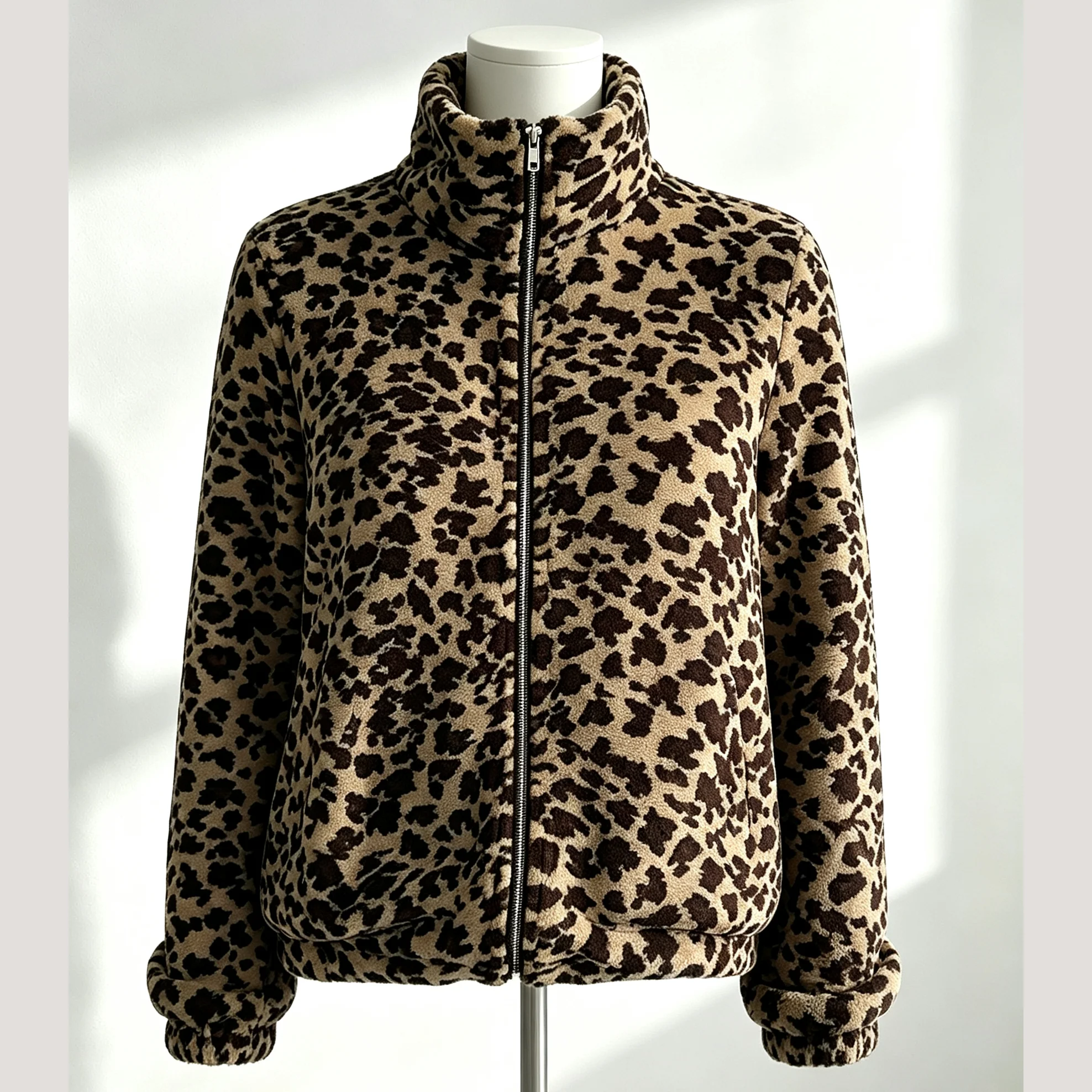 IG Women Leopard Print Stand Collar Zip-Up Fuzzy Jacket, Long Sleeve Warm Fluffy Short Coat, Winter Casual Street Outerwear