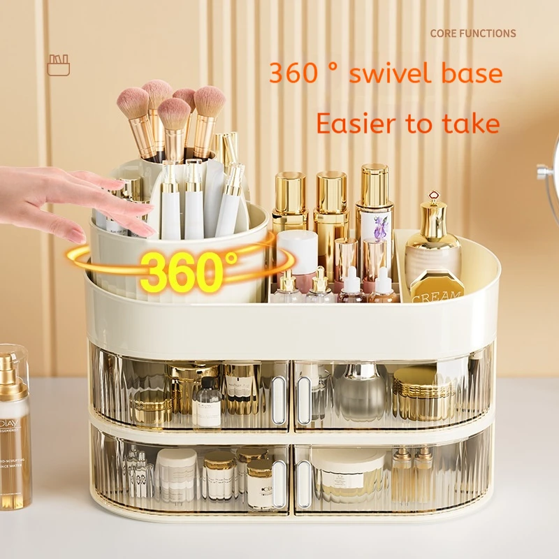 Cream Style Cosmetics Storage Box Skincare Products Desktop Dustproof Dressing Table with Rotating Box Optional Layers