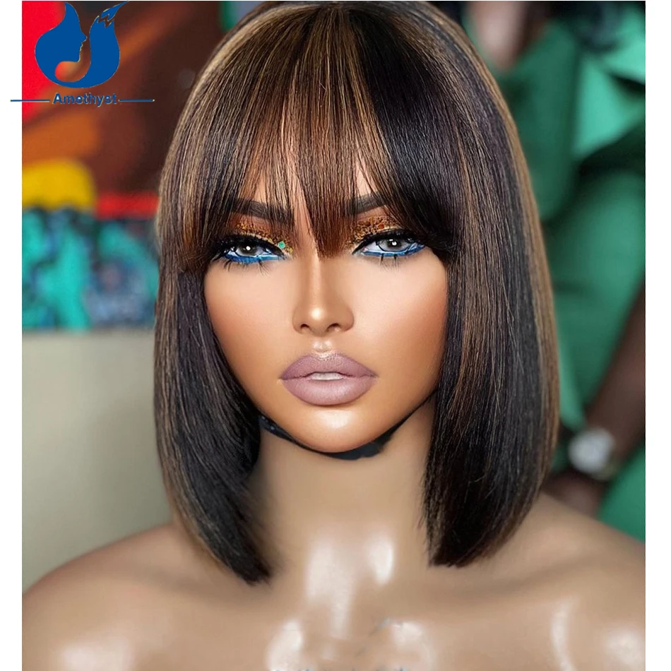 

Amethyst 8-10 Inches Highlight Short Bob Wigs With Bangs Human Hair For Black Women Scalp Top Full Machine Straight Wig Glueless