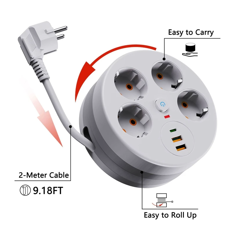 2.8미터 연장선, 4개 AC 콘센트, 2개 USB 포트, 1개 타입 C EU 플러그 충전 스위치가 있는 멀티탭 벽면 소켓 연장기