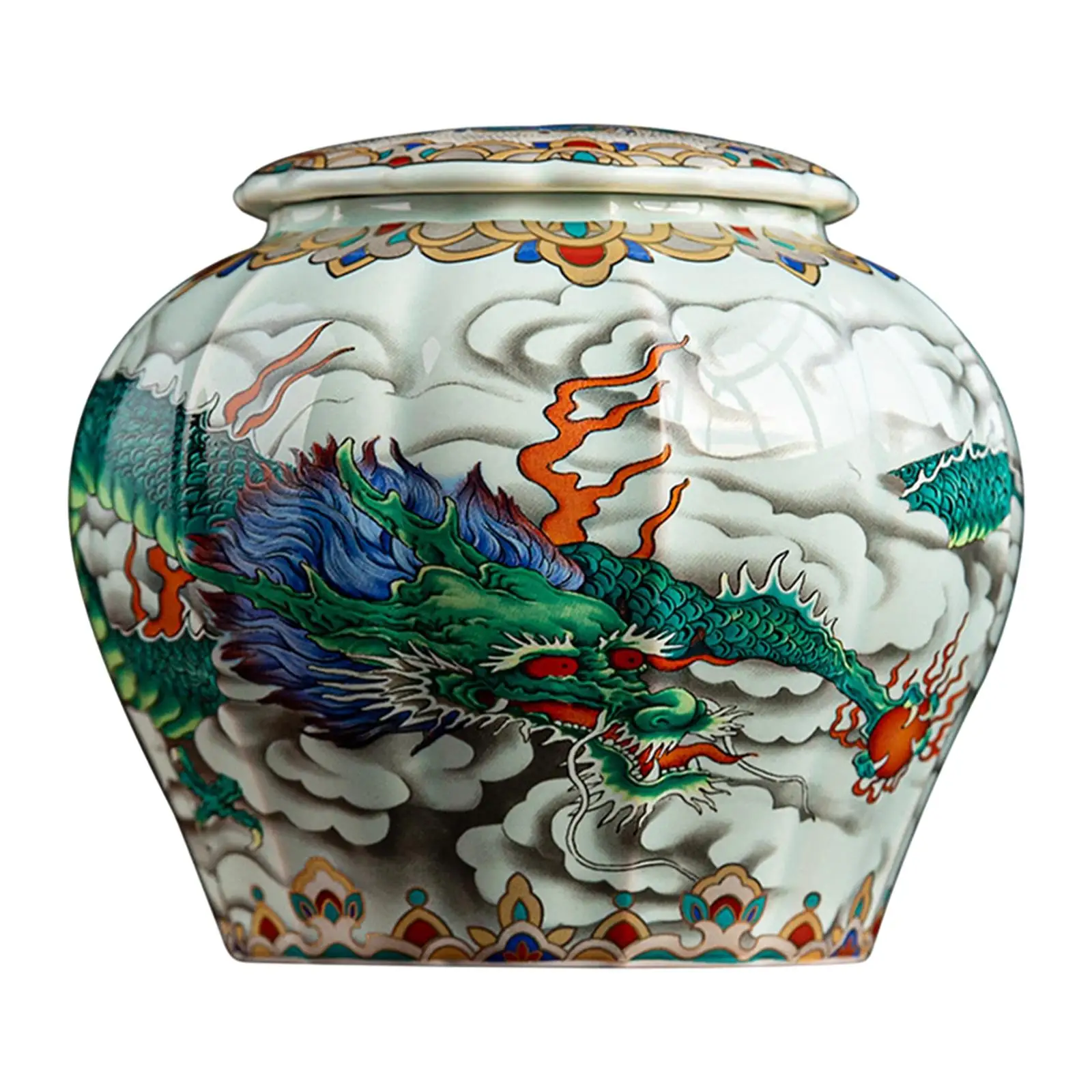 Ginger Jar Antique Dragon Printed Traditional Chinese Ginger Jar with Lid for Tea House Office Table Kitchen Dining Table