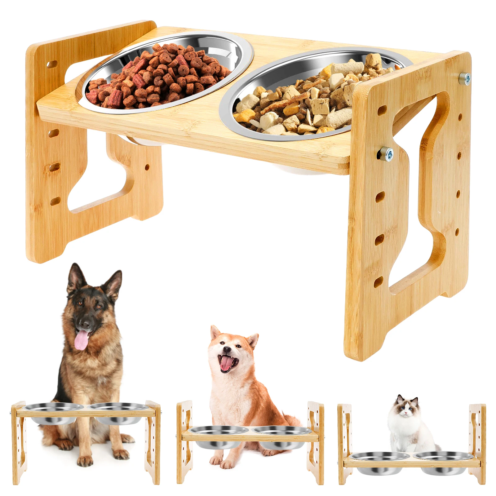 Wooden Elevated Cat Dog feeder Bowl Stand with 2 Stainless Steel Feeder bowl for Dry Wet Food Water Anti Slip Pet Supplies