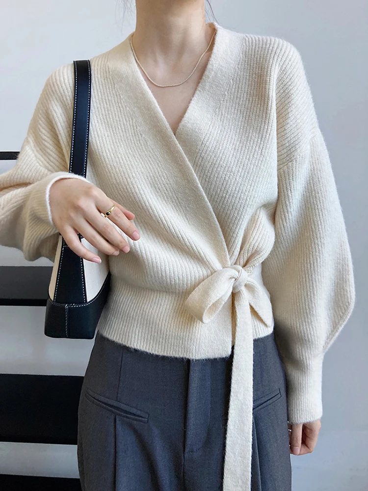 

Knitted Cardigan Women Sweater V-Neck Lace-up Irregular Clothes Fashion Autumn Winter 2023 Casual Korean Chic Designer Cardigan