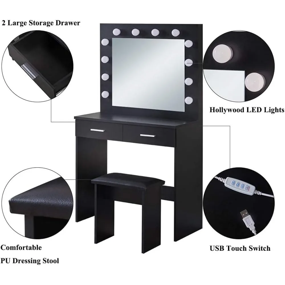illuminated vanity table with adjustable light, dual drawers, and matching stool for contemporary makeup applications