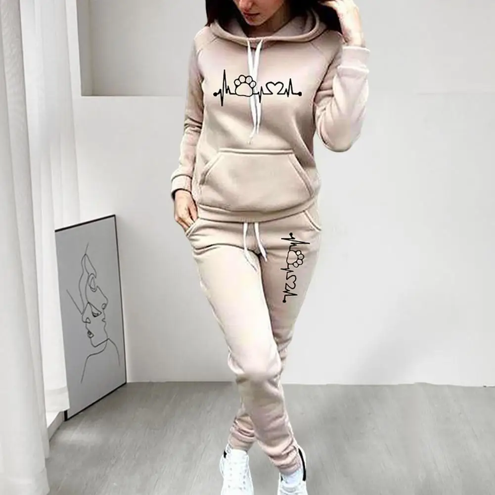 

Women Tracksuit Hoodies Casual Solid Long Sleeve Fleece Warm Hooded Sportswear Suit Hoody Pullovers Long Pant Two Pieces Sets