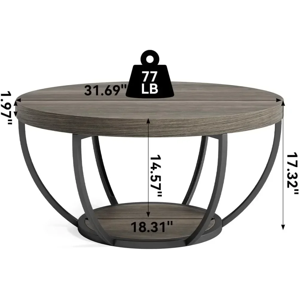 Round Coffee Table, 32" Circle Coffee Table for Living Room, 2-Tier Wood Accent Center Table with Open Storage Industrial Desig