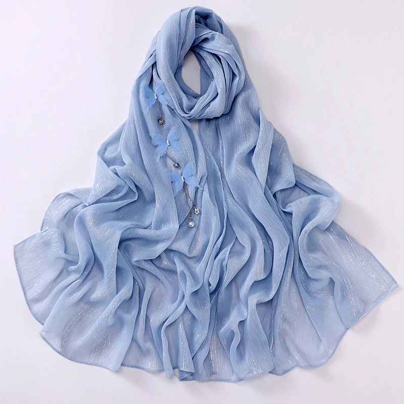 

Women Butterfly Decor Long Scarf Headband Muslim Chain Tassel Chiffon Rhineston Decor Hijab Head Wrap Turban Solid Headscarf