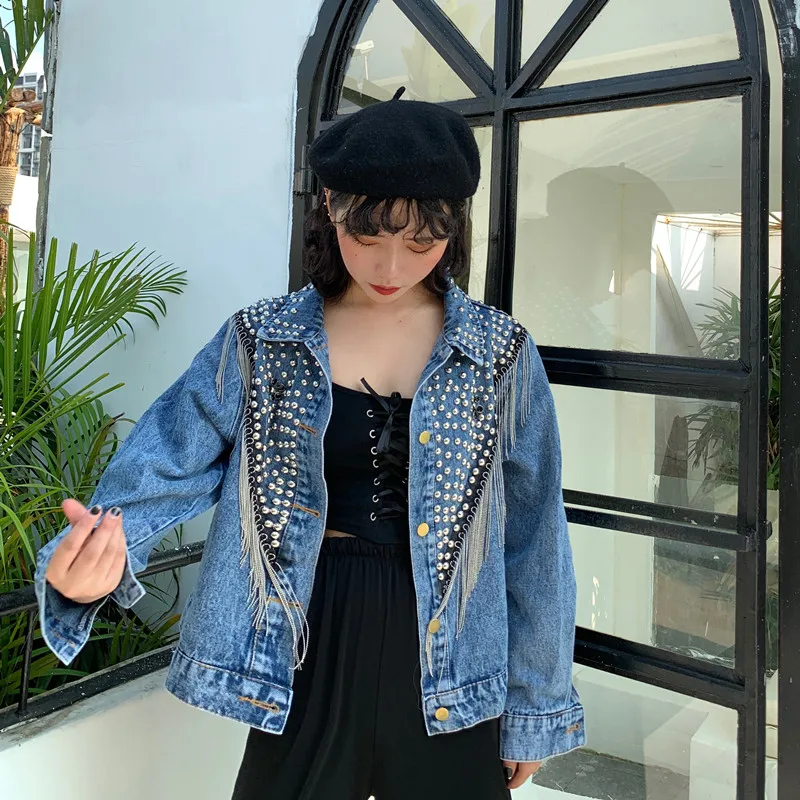 

2021 Women Autumn Hand-studded Denim Jacket Coat Rivet Loose Black Tassel Chain Short Jeans Jacket Coats Streetwear Mujer