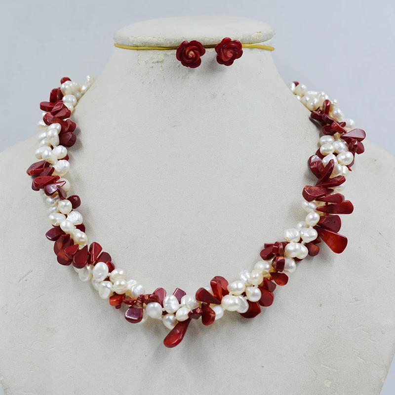 

6MM natural white Baroque pearl/coral necklace/earrings. Women's Wedding Classic Jewelry 20 "