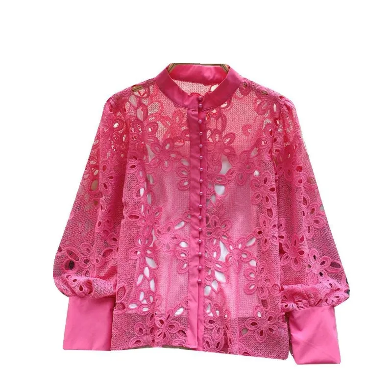 Blouse Tank Tops Two-piece Set Women's Lantern Sleeve Hollow Out Summer Shirt High-end Casual Fashion Womenswear Office Lady