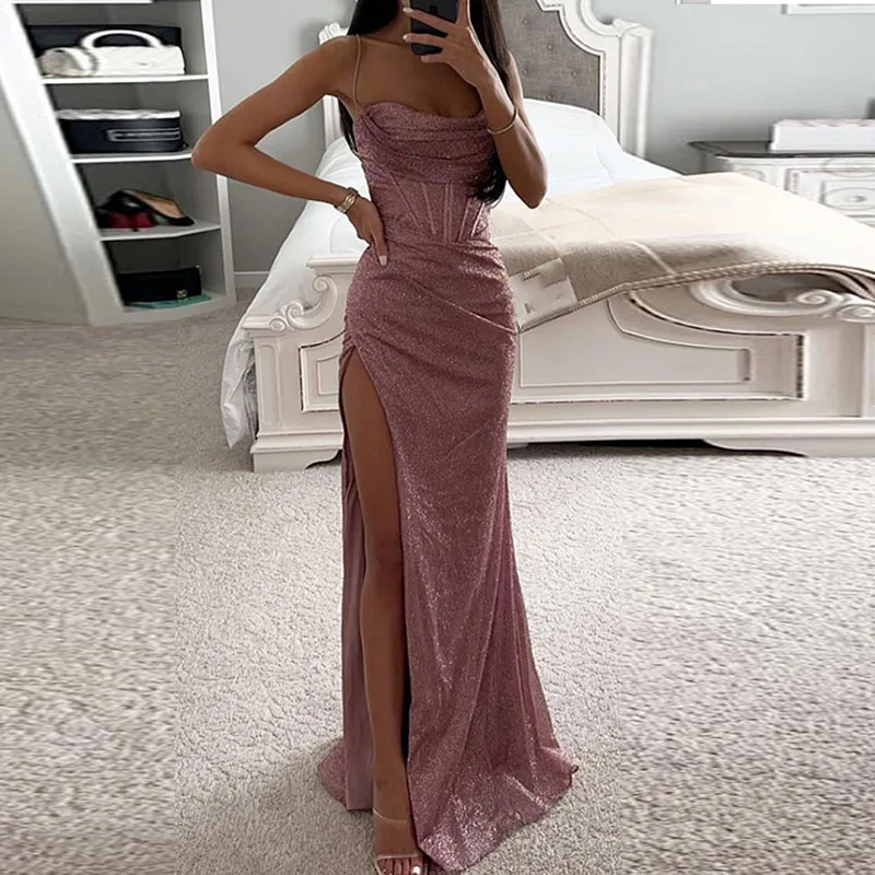 

Women Maxi Dress 2024 Spring Strapless High Waist Draped Long Party Dress Summer Sleeveless High Split Sling Mermaid Shiny Dress