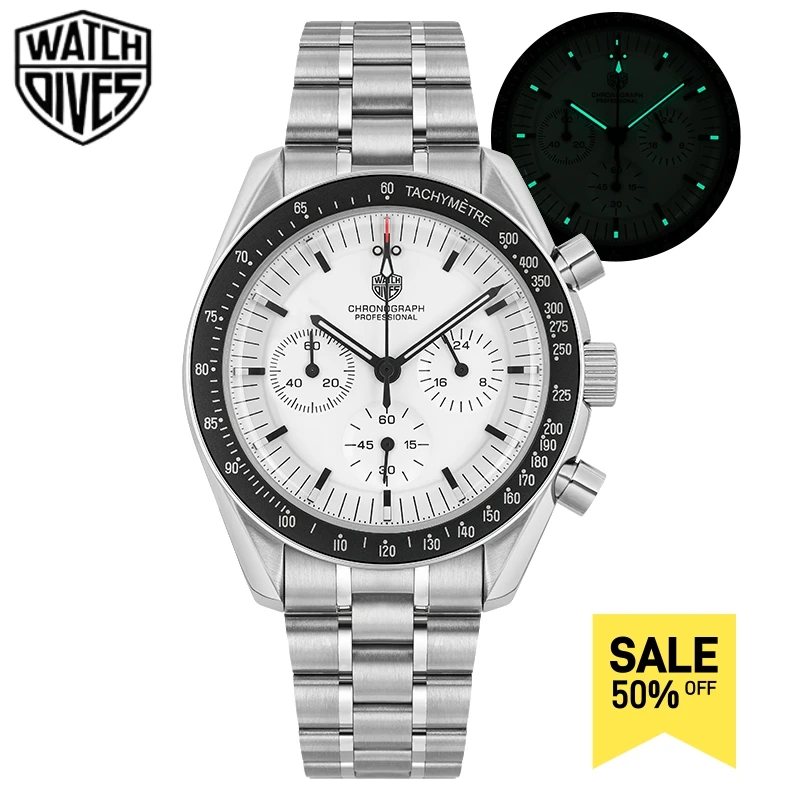 Watchdives WD1861 VK63 Chronograph Watch Bubble Sapphire Crystal High Clear AR Coating Men Watch Aluminum Bezel BGW9 Luminous