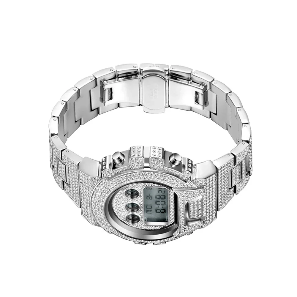 Luxury 18k Gold Watch Men Full Diamonds Mens Quartz Watches LED Digital Male Clock Hip Hop Wristwatches  Steel Band Relogio box
