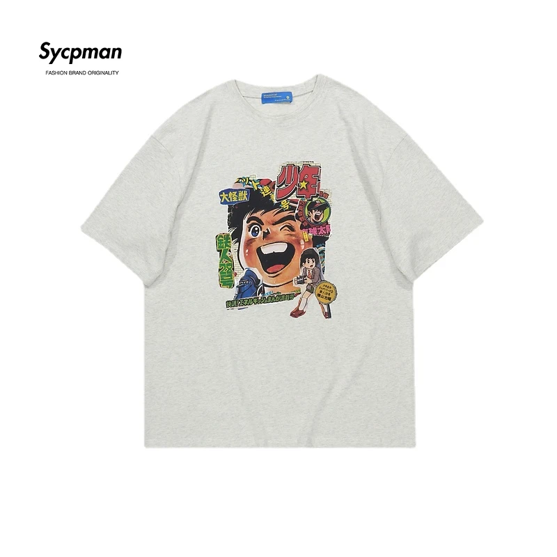 

Футболка Sycpman мужская с забавным мультяшным принтом и коротким рукавом, свободная хлопковая рубашка в японском стиле для пар, на лето