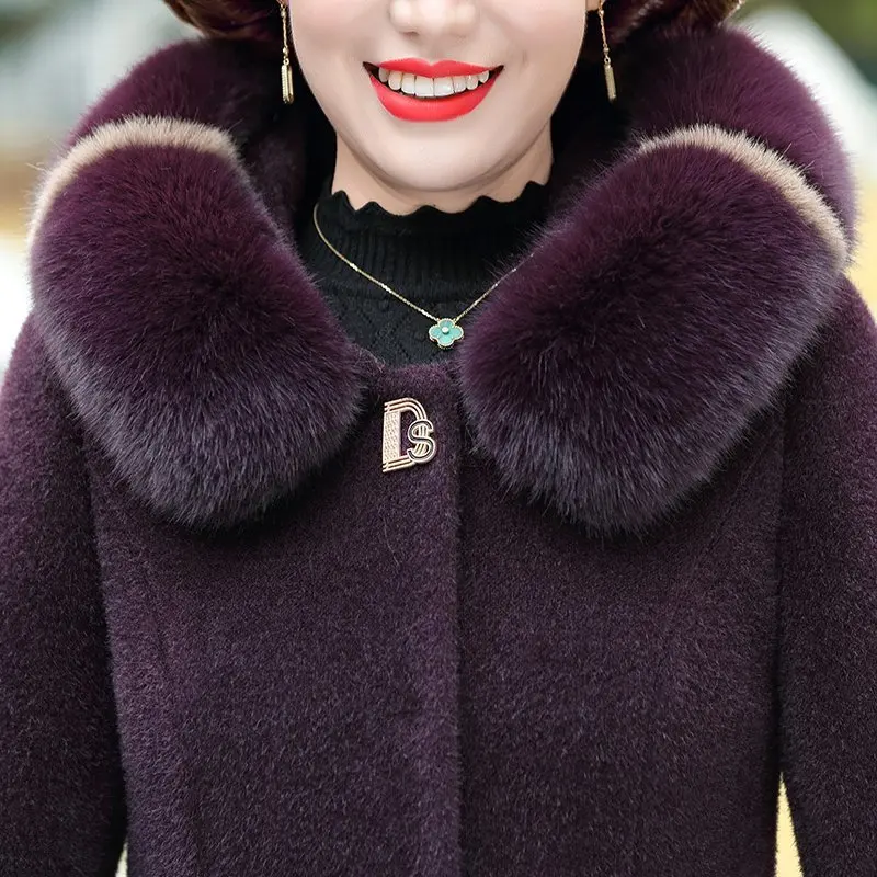 2023 New Middle-Aged and Elderly Faux Mink Velvet Coat Winter Women Temperament Thicken Warm Mid-Length Hooded Woolen Outwear