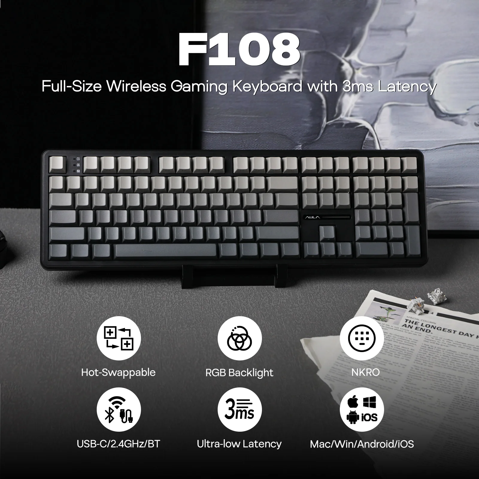 EPOMAKER x AULA F108 풀 사이즈 100% ANSI 레이아웃 핫스왑 유선/2.4GHz/블루투스 5.0 무선 기계식 키보드 RGB 백라이트