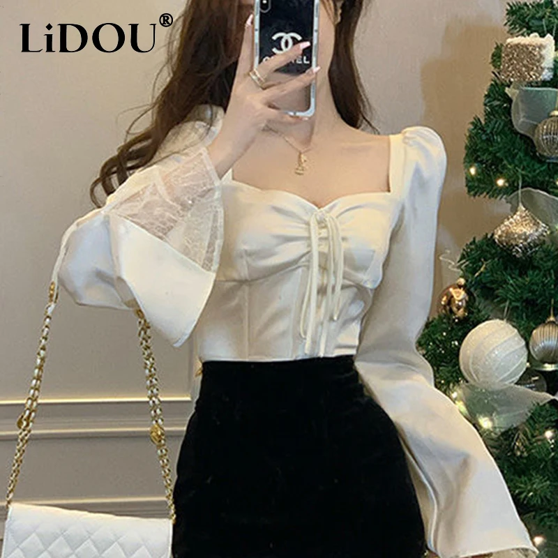 

Spring Summer Square Collar Elegant Lace Up Long Sleeve Blouse Female Sexy Low Cut Waist Drawing Pullover Top Women's Clothing