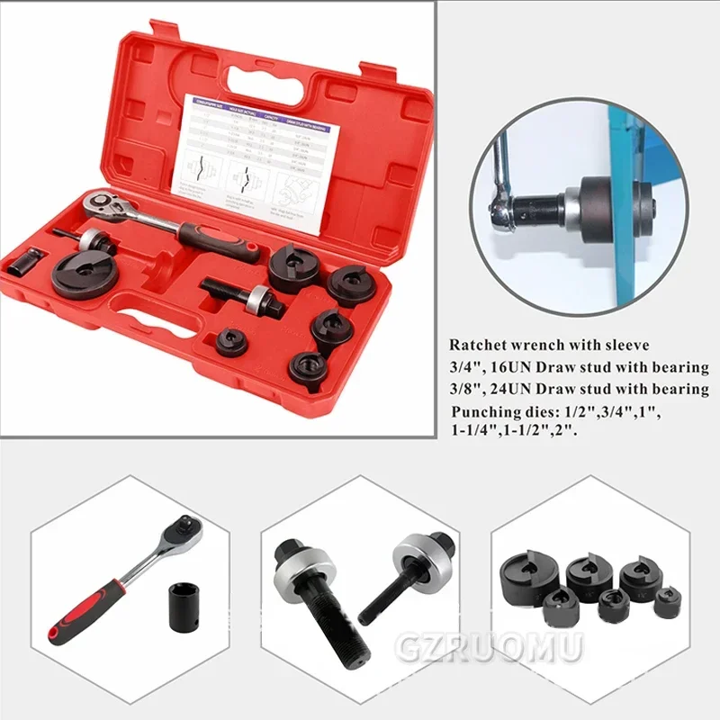 Manual Ratchet Knockout Hole Punch Driver Kit 1/2 to 2 Inch(22.5-61.5mm) Electrical Conduit Hole Cutter Set KO Tool Kit CC-60