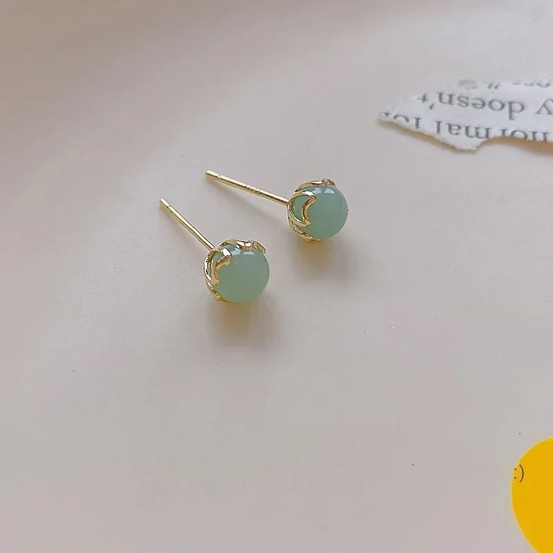 Orecchini A Bottone In Giada Di Hetian Naturale 8mm, Argento S925, Portafortuna Stile Retrò