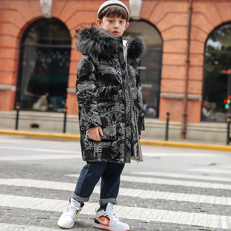 

-30 Degree Russian Winter Boy Down Jacket Waterproof Shiny Thick Warm Boy Outerwear Coat 5-14 Years Teenage Boy Parka Outfit