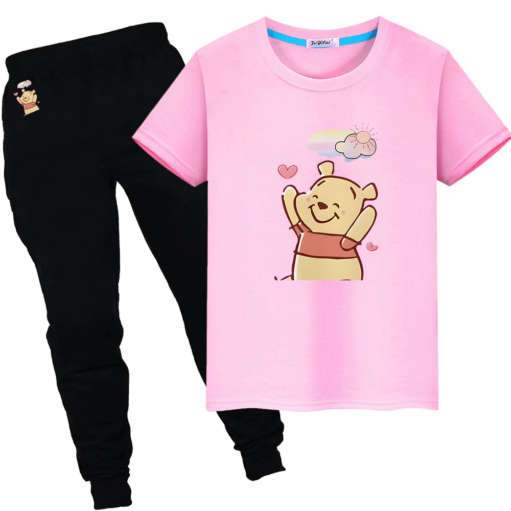 

Disney Short+pant boys girls clothes Summer Sports Sets Kawaii Tshirts Pooh Bear Print 100%Cotton Cute T-shirt kid holiday gift