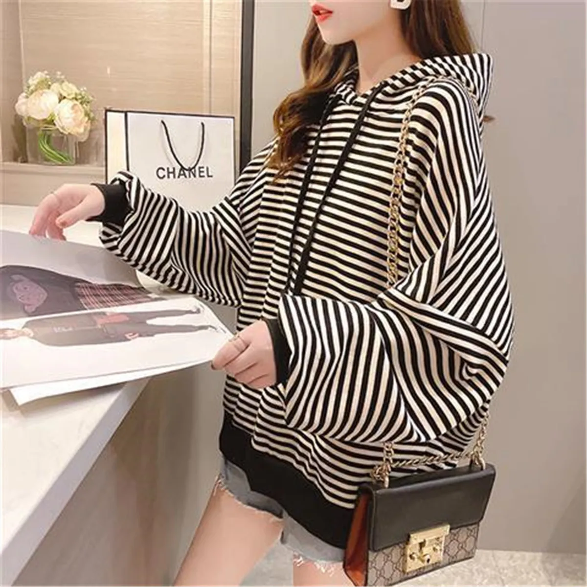 

Harajuku Japan Sweatshirt Women Clothes Autumn Striped Hoodies Long Sleeve Loose Black Winter Ulzzang Hoodie Streetwear Females