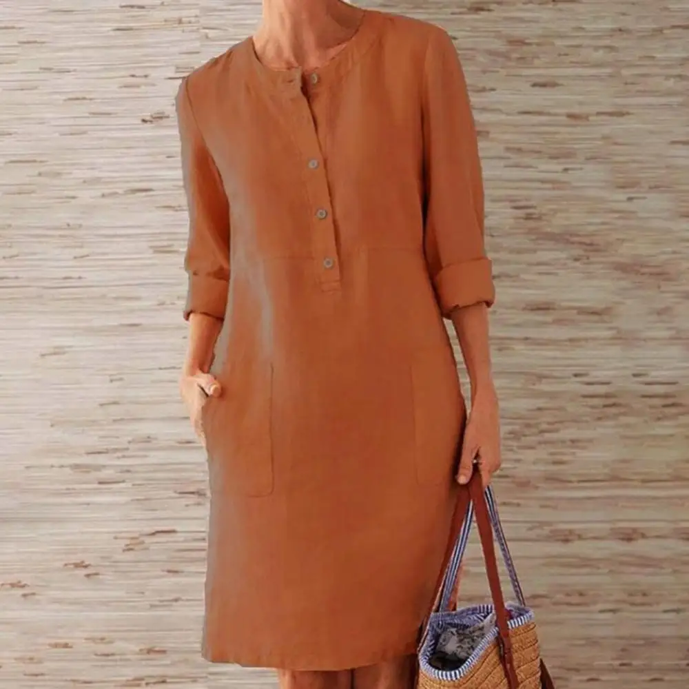 Summer Boho Vintage Dress Women Casual Long Sleeve Buttons Pockets Cotton Linen Loose Knee-length Dress 5