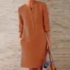 Summer Boho Vintage Dress Women Casual Long Sleeve Buttons Pockets Cotton Linen Loose Knee-length Dress 5