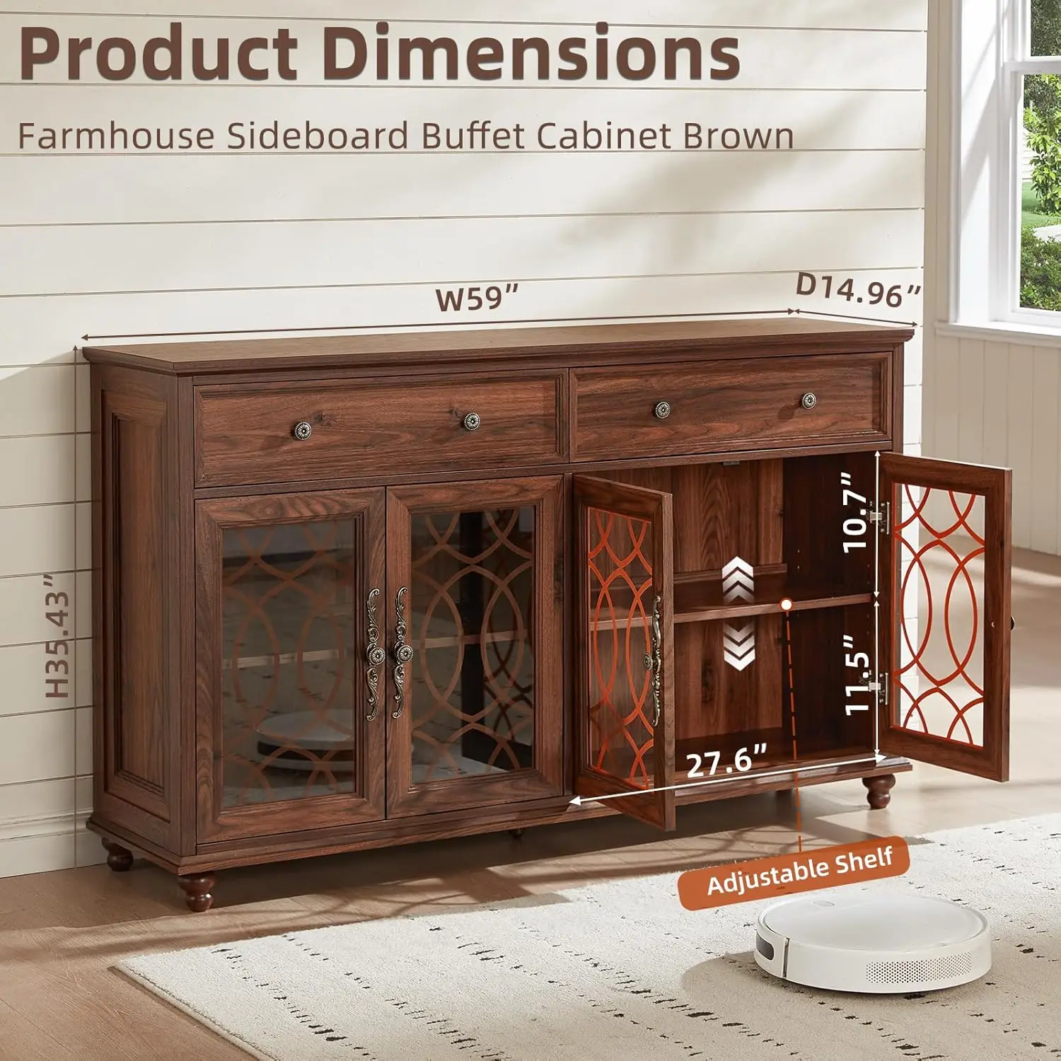 Farmhouse Sideboard Buffet Cabinet with Storage,59" Large Credenza with 4 Glass Doors & 2 Drawers,Adjustable Shelves Console Tab