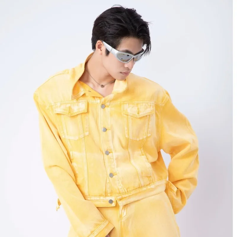 Trendy Korean Male Set Solid Color Lapel Denim Jacket Coat Wide Leg Straight Jeans Men's Casual Two Piece Unisex Casual Suit
