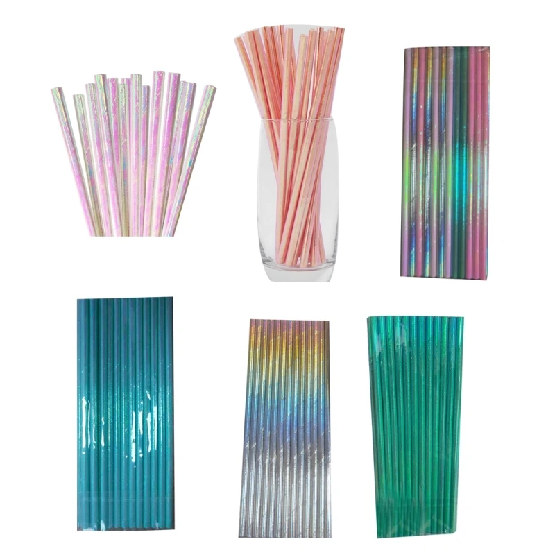 Pearlescent- Bronzing Paper Straws Pink Green Gradient- Film Drinking Straws