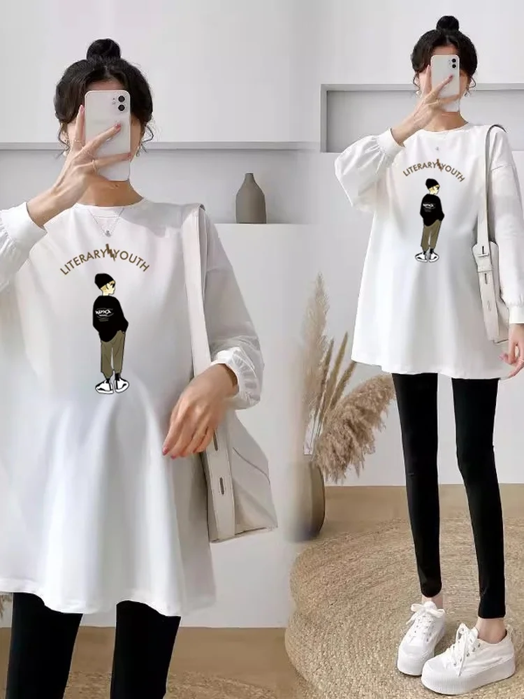 출산 봄 가을 느슨한 긴 소매 라운드 넥 세련된 투피스 세트 야외 유행 엄마 스타일 임산부 의류