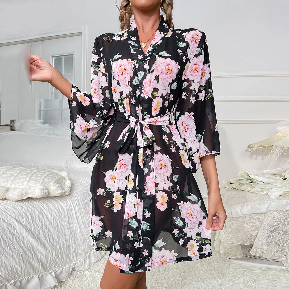 Summer Kimono Bathrobe Bride Wedding V-Neck Sleepwear Bath Gown Homewear Women Print Robe Nightwear Home Dress Loungewear