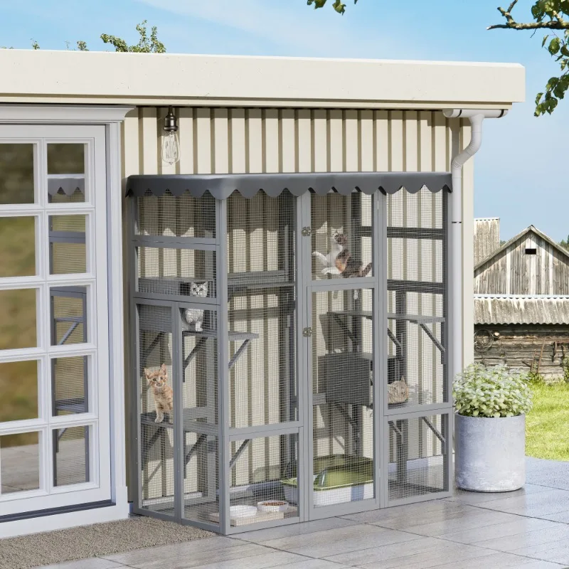 Outdoor Cat House Big Catio Wooden Feral Cat Shelter Enclosure Spacious Interior 6 High Ledges Weather Protection Asphalt Roof