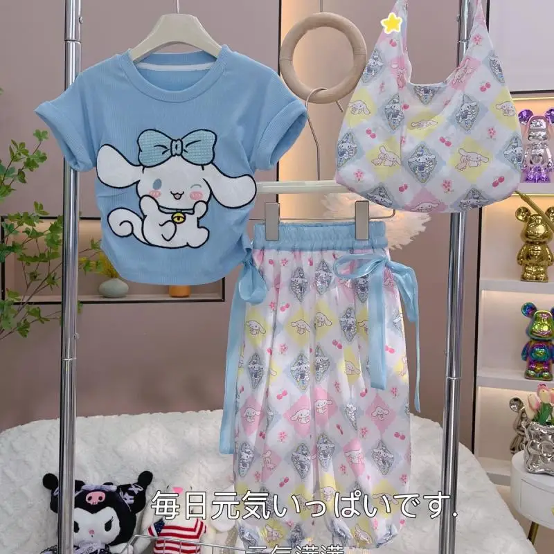 

Girly Heart Kawaii Sanrio Anime Cinnamoroll Kuromi Short-Sleeved Shirt Pants Set Summer Cute Children My Melody Clothes Gifts