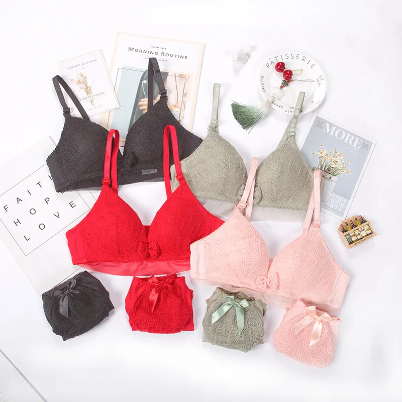 cheap underwear sets Vintage Women Girl Lovely Lace Underwear Suit Push Up Bra Sets Wireless Lingerie Solid Wholesale Price Lady Lingerie Panties bra panty sets