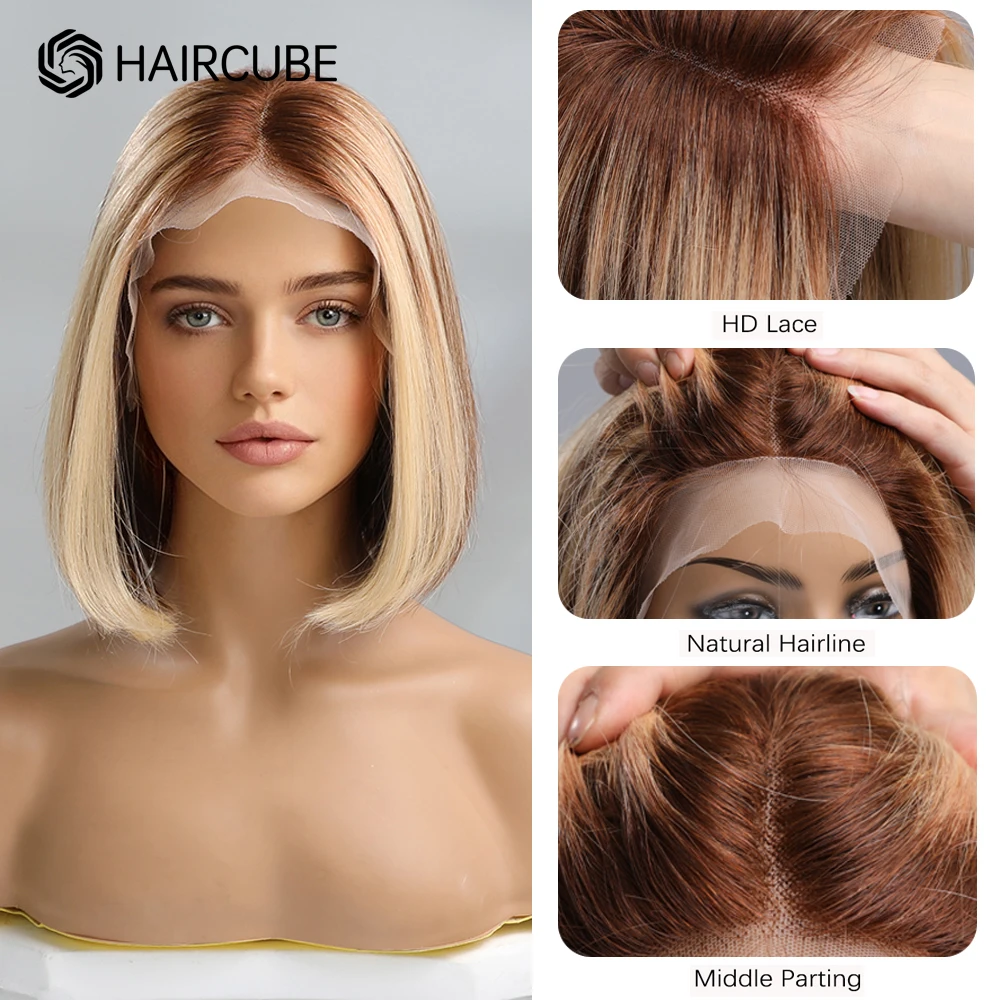 HAIRCUBE Remy Human Hair Lace Front Short Bob Wig Blonde Mixed Brown Piano Colored Highlight Straight Wigs for Women Middle Part