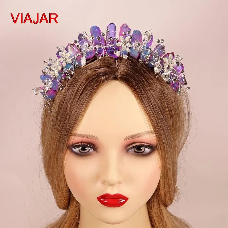 

Natural Crystal Crown Party Cosplay Imperial Crown Handmade With Pearl Rhinestone Flower
