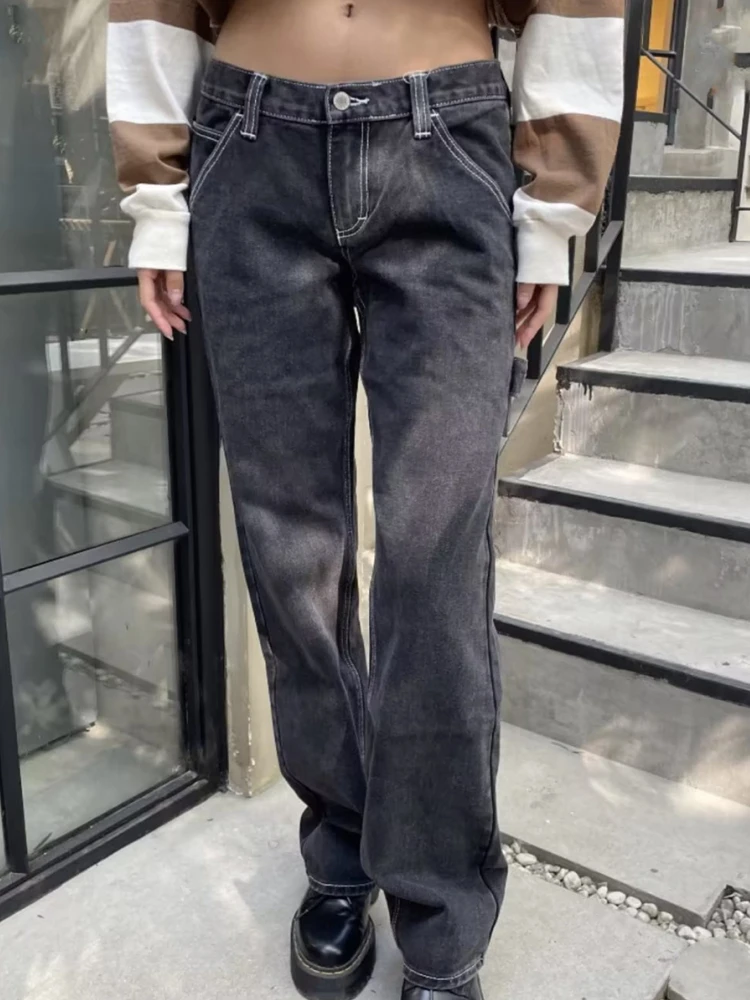 

Casual Women Black Denim Cargo Pants Summer Pocket High Waist Low Waist Trousers Female Vintage Solid Loose Bottoms 2023 New