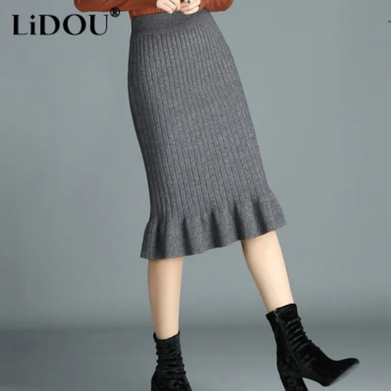 

Female Skirt New Autumn Winter Elegant Fashion Solid Color Casual Office Lady Korean Style High Waist Knitting Sweat Popularity
