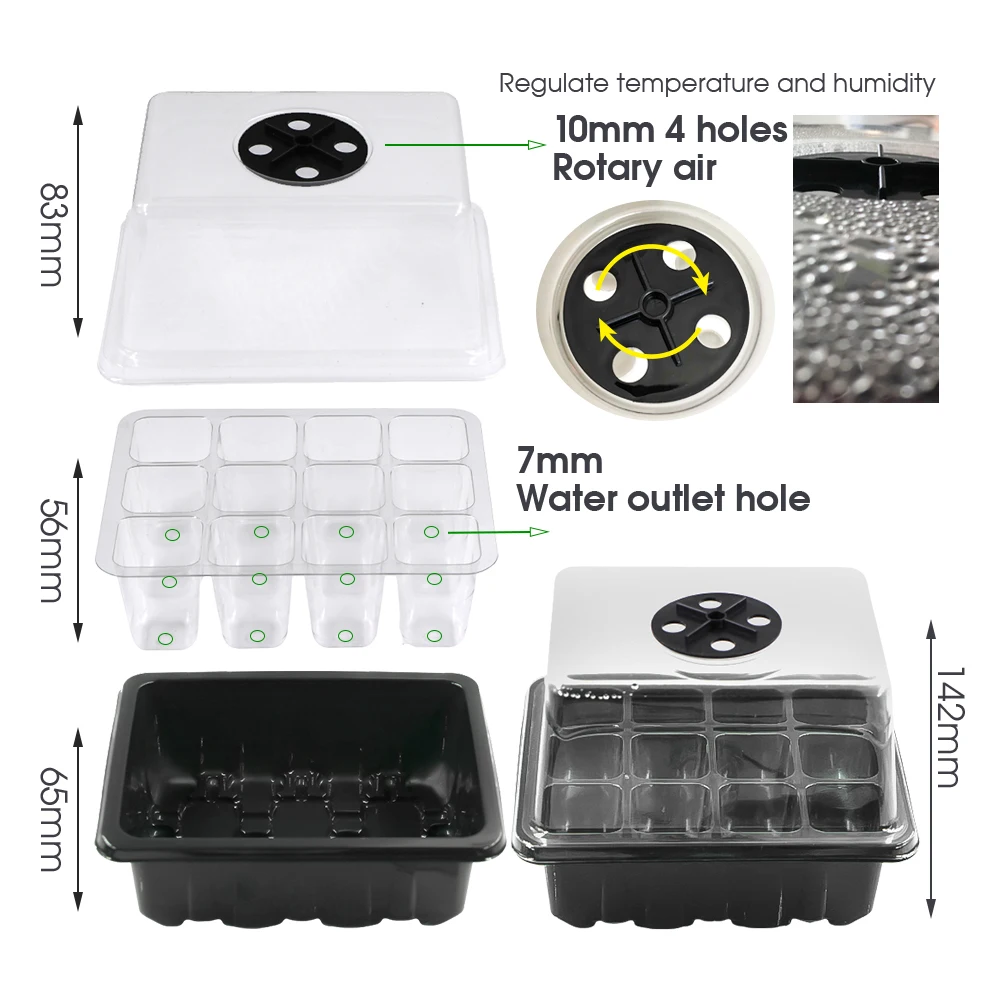 12/48 Cells Seedling Starter Tray Full Spectrum LED Grow Light Humidity Dome for Indoor Garden Greenhouse Seed Germination Box