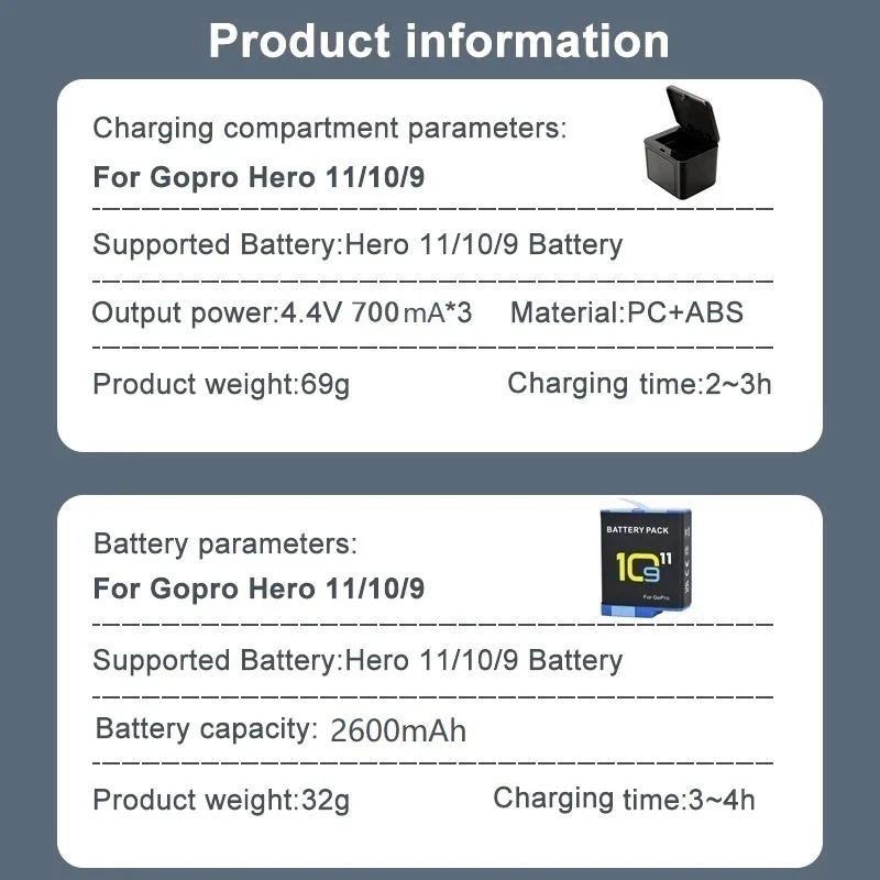 Carregador de Bateria Led para Gopro Acessórios para Câmera Armazenamento de Bateria Slots 2600mah Adequado para Hero 11 10 9 - Image 6