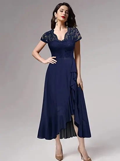

Women's V Neck Elegant Lace Ruffle Bridesmaid Maxi Dress