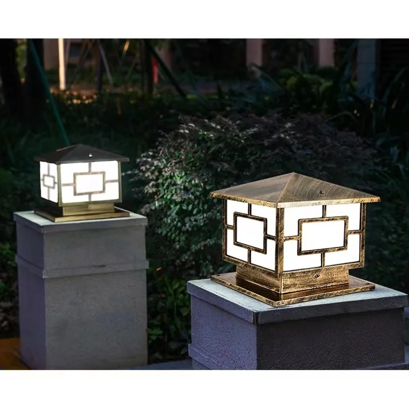 Bronze antique brass landscape japanese square vintage classic outdoor waterproof fencing fence top door gate pillar light lamp