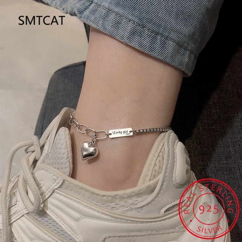 925 Sterling Silver Summer Anklet Bracelet for Women Vintage Thai Silver LOVE Heart Pendant Jewelry